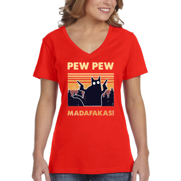 XtraFly Apparel Women&#39;s Pew Pew Madafakas Cat Gun Pistol Kitty Kitten Silhouette Sunset Pet Animal Lover Siamese Tabby V-neck T-shirt