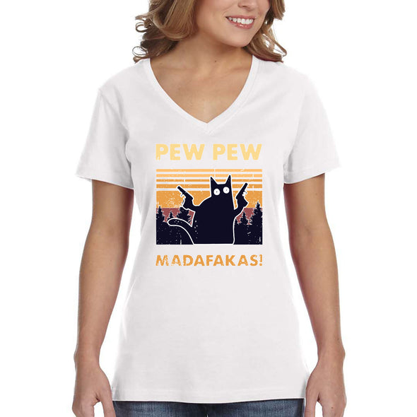 XtraFly Apparel Women&#39;s Pew Pew Madafakas Cat Gun Pistol Kitty Kitten Silhouette Sunset Pet Animal Lover Siamese Tabby V-neck T-shirt