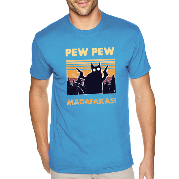 XtraFly Apparel Men&#39;s Tee Pew Pew Madafakas Cat Gun Pistol Kitty Kitten Silhouette Sunset Pet Animal Lover Siamese Tabby Crewneck T-shirt