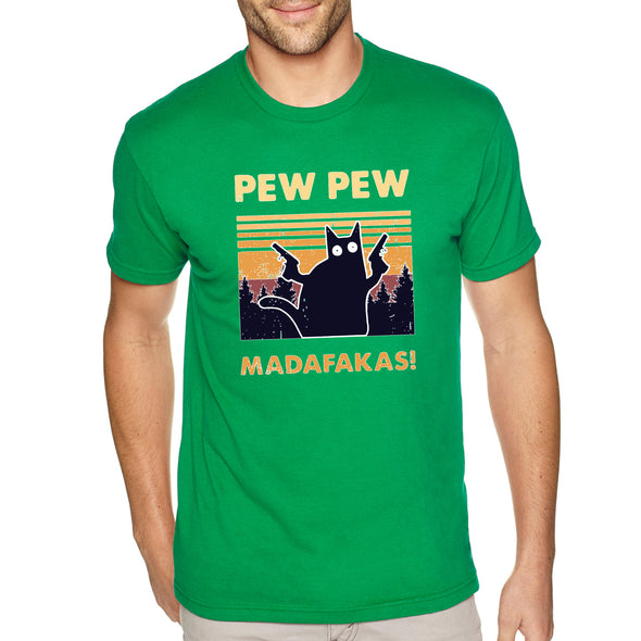 XtraFly Apparel Men&#39;s Tee Pew Pew Madafakas Cat Gun Pistol Kitty Kitten Silhouette Sunset Pet Animal Lover Siamese Tabby Crewneck T-shirt