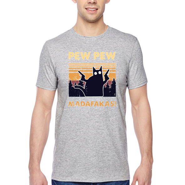 XtraFly Apparel Men&#39;s Tee Pew Pew Madafakas Cat Gun Pistol Kitty Kitten Silhouette Sunset Pet Animal Lover Siamese Tabby Crewneck T-shirt