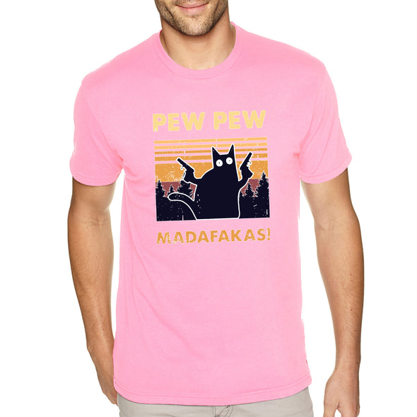 XtraFly Apparel Men&#39;s Tee Pew Pew Madafakas Cat Gun Pistol Kitty Kitten Silhouette Sunset Pet Animal Lover Siamese Tabby Crewneck T-shirt