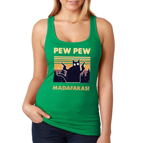 XtraFly Apparel Women&#39;s Pew Pew Madafakas Cat Gun Pistol Kitty Kitten Silhouette Sunset Sunrise Pet Animal Lover Siamese Tabby Racerback