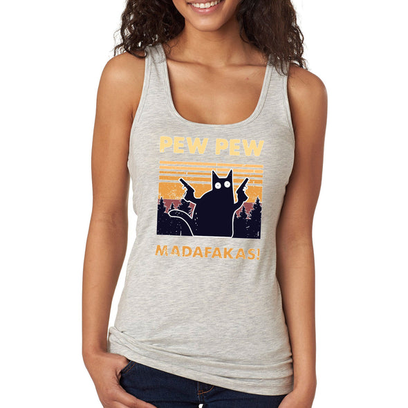 XtraFly Apparel Women&#39;s Pew Pew Madafakas Cat Gun Pistol Kitty Kitten Silhouette Sunset Sunrise Pet Animal Lover Siamese Tabby Racerback