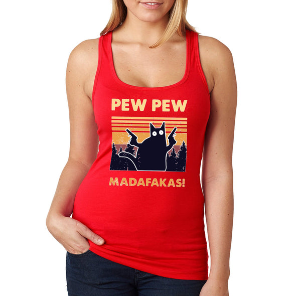 XtraFly Apparel Women&#39;s Pew Pew Madafakas Cat Gun Pistol Kitty Kitten Silhouette Sunset Sunrise Pet Animal Lover Siamese Tabby Racerback