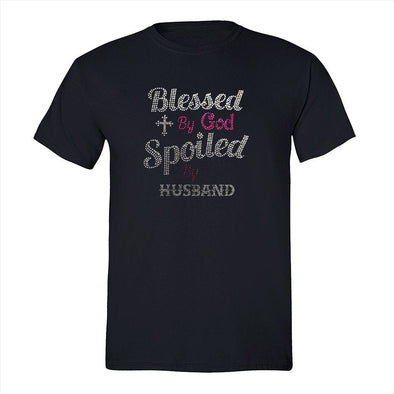 XtraFly Apparel Men&#39;s Tee Blessed By God Spoiled By Husband Sequin Rhinestone Religious Jesus Christ Church Cross Faith Crewneck T-shirt