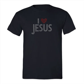 XtraFly Apparel Men&#39;s Tee I Love Jesus Sequin Rhinestone Heart God Cross Religious Christ Church Faith Bible Christian Crewneck T-shirt