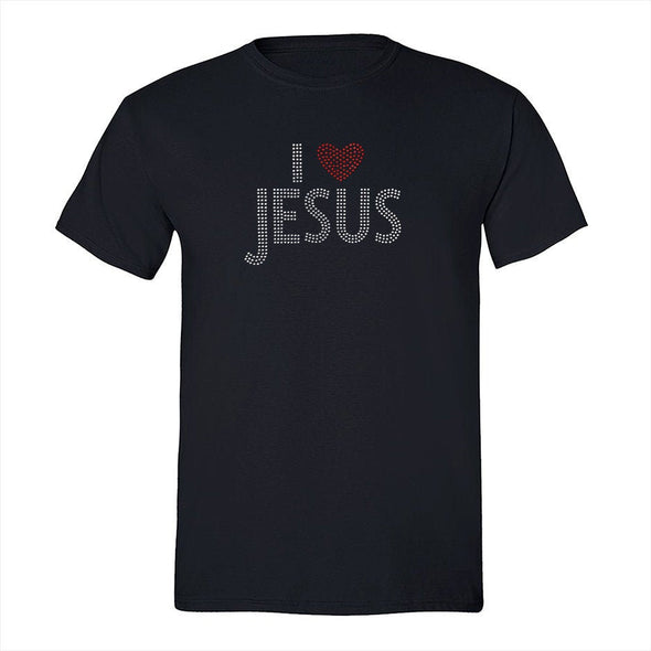 XtraFly Apparel Men&#39;s Tee I Love Jesus Sequin Rhinestone Heart God Cross Religious Christ Church Faith Bible Christian Crewneck T-shirt