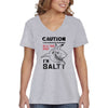 XtraFly Apparel Women&#39;s Caution I&#39;m Salty Great White Shark Jaws Danger Beach Fish Fishing Diving Boating Swim Saltwater Sea V-neck T-shirt