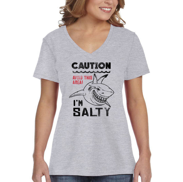 XtraFly Apparel Women&#39;s Caution I&#39;m Salty Great White Shark Jaws Danger Beach Fish Fishing Diving Boating Swim Saltwater Sea V-neck T-shirt