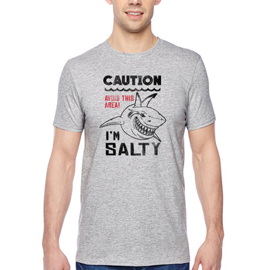 XtraFly Apparel Men&#39;s Tee Caution I&#39;m Salty Great White Shark Jaws Danger Beach Fish Fishing Diving Boating Swim Saltwater Crewneck T-shirt