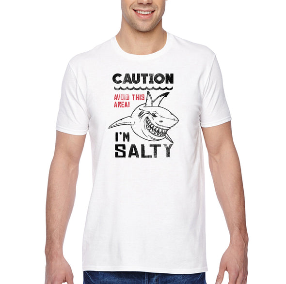 XtraFly Apparel Men&#39;s Tee Caution I&#39;m Salty Great White Shark Jaws Danger Beach Fish Fishing Diving Boating Swim Saltwater Crewneck T-shirt