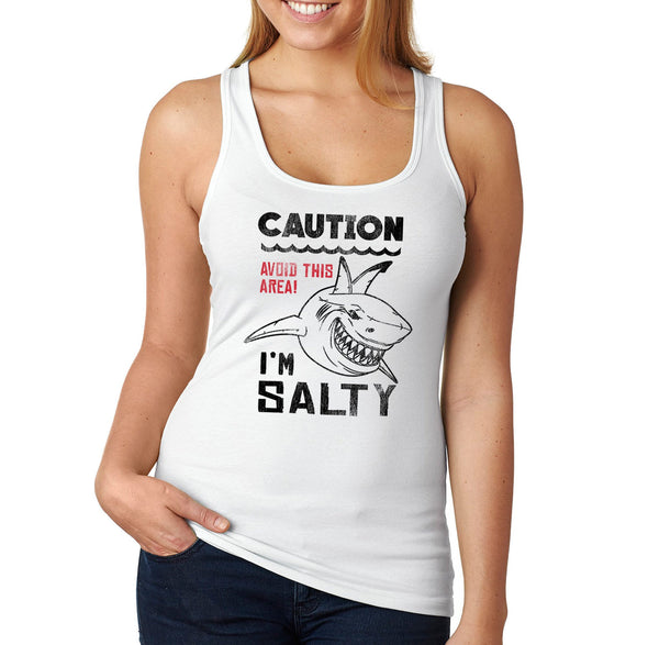 XtraFly Apparel Women&#39;s Caution I&#39;m Salty Great White Shark Jaws Danger Beach Fish Fishing Diving Boating Swim Saltwater Sea Tiger Racerback