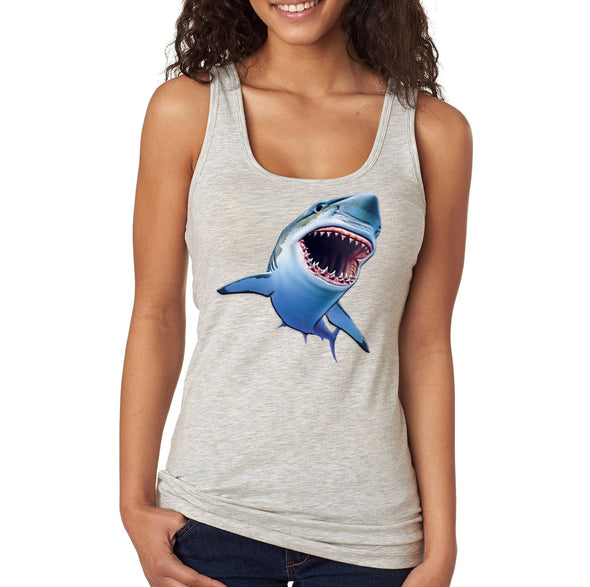 XtraFly Apparel Women&#39;s Sharky Great White Shark Swim Swimming Fish Fishing Diving Boating Beach Mako Blue Tiger Bull Ocean Sea Racerback