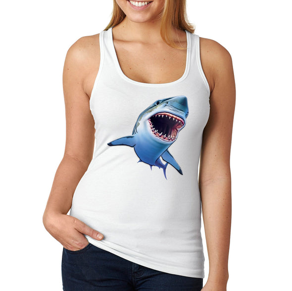 XtraFly Apparel Women&#39;s Sharky Great White Shark Swim Swimming Fish Fishing Diving Boating Beach Mako Blue Tiger Bull Ocean Sea Racerback