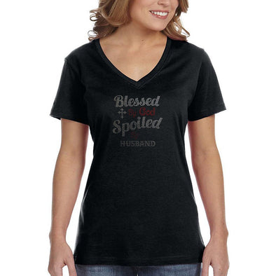 XtraFly Apparel Women&#39;s Blessed By God Spoiled By Husband Red Sequin Rhinestone Cross Religious Jesus Christ Church Faith V-neck T-shirt