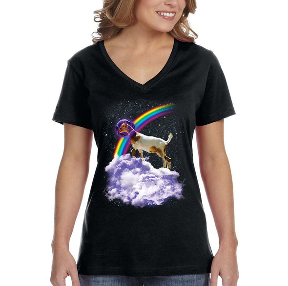 XtraFly Apparel Women&#39;s Rainbow Goat Space Galaxy Astronaut Mars Moon UFO Alien Rocket Ship Wild Animal Zoo Sheep Capricorn V-neck T-shirt