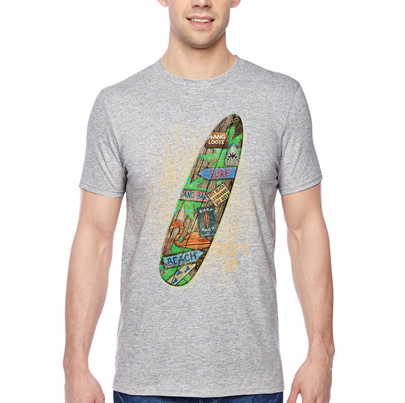 XtraFly Apparel Men&#39;s Tee Beach Surfboard Surf&#39;s Up Surfer Surfing Tiki Hawaii Tropical Vacation Summer Flamingo Palm Trees Crewneck T-shirt