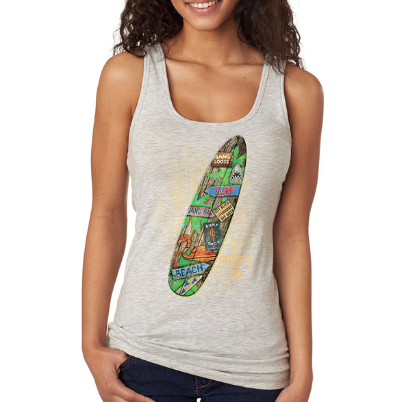 XtraFly Apparel Women&#39;s Beach Surfboard Surf&#39;s Up Surfer Surfing Tiki Hawaii Hawaiian Tropical Vacation Summer Flamingo Palm Tree Racerback