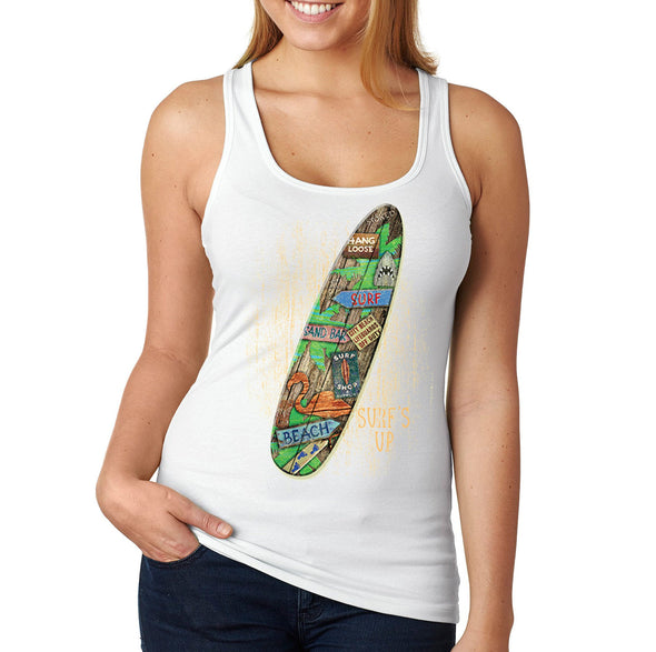XtraFly Apparel Women&#39;s Beach Surfboard Surf&#39;s Up Surfer Surfing Tiki Hawaii Hawaiian Tropical Vacation Summer Flamingo Palm Tree Racerback