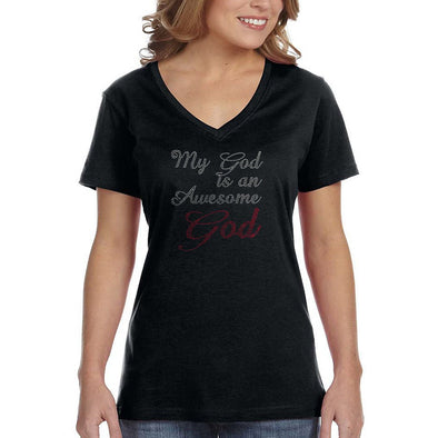 XtraFly Apparel Women&#39;s My God Is Awesome Sequin Rhinestone Religious Jesus Christ Christian Catholic Church Cross Faith V-neck T-shirt