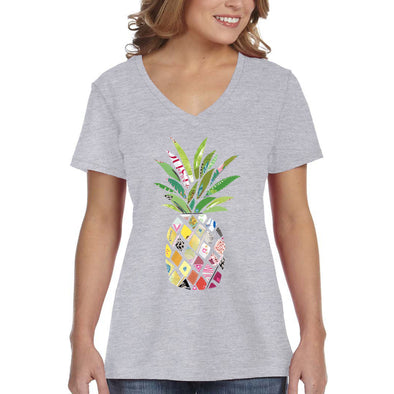 XtraFly Apparel Women&#39;s Patterned Pineapple Beach Vacation Summer Tropical Fruit Hawaii Hawaiian Mango Coconut Pina Colada V-neck T-shirt