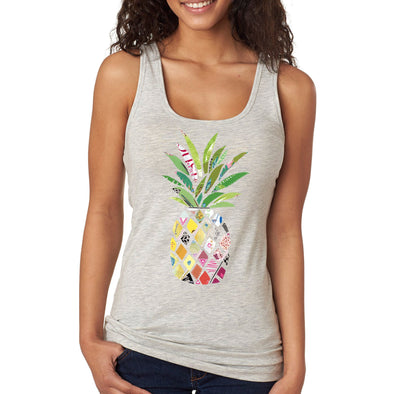 XtraFly Apparel Women&#39;s Patterned Pineapple Beach Vacation Summer Tropical Fruit Hawaii Hawaiian Mango Coconut Pina Colada Ocean Racerback