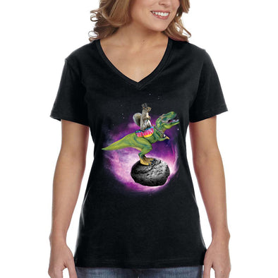XtraFly Apparel Women&#39;s Squirrel Riding Dinosaur T-Rex Meteor Asteroid Space Galaxy UFO Alien Rocket Ship Mars Moon Animal V-neck T-shirt