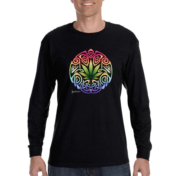 XtraFly Apparel Men&#39;s Celtic Smokes Knot Weed Leaf Mandala Psychedelic 420 Marijuana Kush Dope High Stoner Joint Blunt Long Sleeve T-Shirt