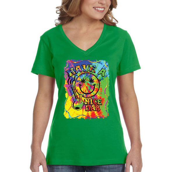 XtraFly Apparel Women&#39;s Have A Nice Dab Smiley Face Neon Tie Dye Psychedelic Weed Leaf Bong High Stoner Joint Kush Dope Bud V-neck T-shirt