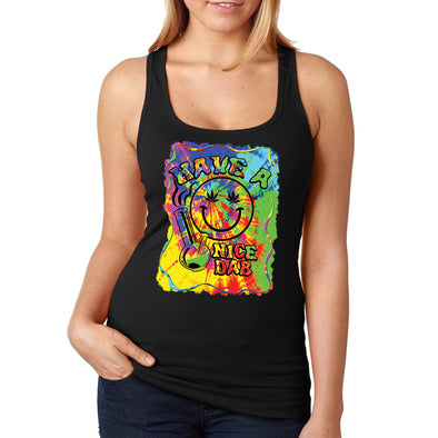 XtraFly Apparel Women&#39;s Have A Nice Dab Smiley Face Neon Tie Dye Psychedelic Weed Leaf Bong High Stoner Joint Kush Dope Blunt Bud Racerback