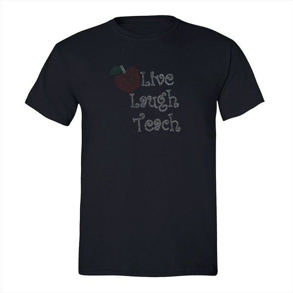 XtraFly Apparel Men&#39;s Tee Live Laugh Teach Sequin Rhinestone Teacher Online Virtual Learning Essential Worker High School Crewneck T-shirt