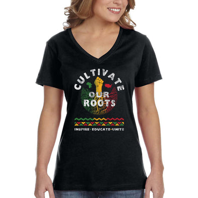 XtraFly Apparel Women&#39;s Cultivate Our Roots African Heritage Africa Roots Black Is Beautiful Lives Matter BLM Pride Rasta V-neck T-shirt
