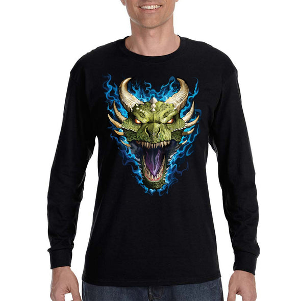 XtraFly Apparel Men&#39;s Flaming Dragon Head Fire Flames Reptile Mythical Wild Animal Dungeon Serpent Mythology Legend Long Sleeve T-Shirt