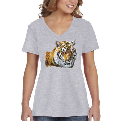 XtraFly Apparel Women&#39;s Tiger Head Portrait Wild Animal Wildlife Zoo Safari Lion Jungle Africa African Cat V-neck T-shirt