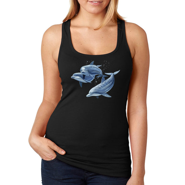XtraFly Apparel Women&#39;s Dolphin Trio Pod Fish Fishing Ocean Diving Boating Surf Surfing Sailing Great White Shark Swimming Beach Racerback