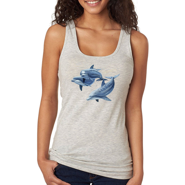 XtraFly Apparel Women&#39;s Dolphin Trio Pod Fish Fishing Ocean Diving Boating Surf Surfing Sailing Great White Shark Swimming Beach Racerback