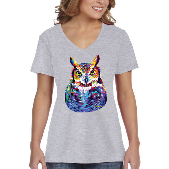 XtraFly Apparel Women&#39;s Great Horned Owl Wild Animal Lover Zoo Wildlife Barn Snowy Night Bird Hawk Eagle Forest Nocturnal V-neck T-shirt