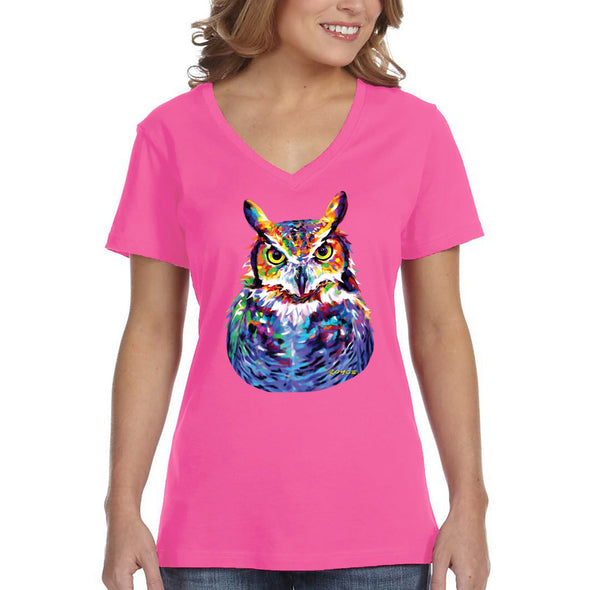 XtraFly Apparel Women&#39;s Great Horned Owl Wild Animal Lover Zoo Wildlife Barn Snowy Night Bird Hawk Eagle Forest Nocturnal V-neck T-shirt