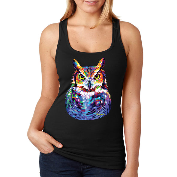 XtraFly Apparel Women&#39;s Great Horned Owl Wild Animal Lover Zoo Wildlife Barn Snowy Night Bird Hawk Eagle Forest Nocturnal Racerback