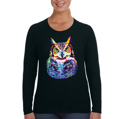 XtraFly Apparel Women&#39;s Great Horned Owl Wild Animal Zoo Wildlife Barn Snowy Night Bird Hawk Eagle Forest Nocturnal Long Sleeve T-Shirt