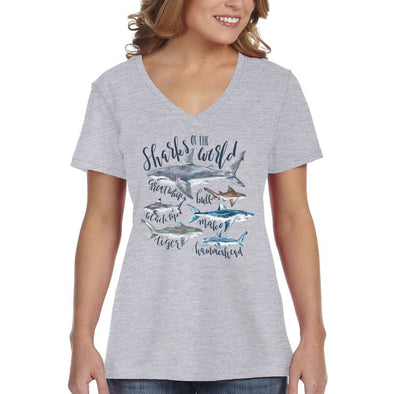 XtraFly Apparel Women&#39;s Sharks Of The World Great White Black Tip Bull Mako Tiger Hammerhead Fish Fishing Diving Beach Ocean V-neck T-shirt