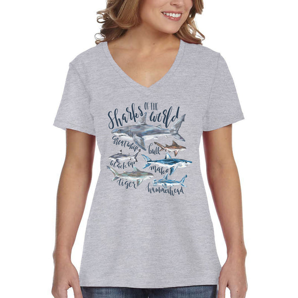 XtraFly Apparel Women&#39;s Sharks Of The World Great White Black Tip Bull Mako Tiger Hammerhead Fish Fishing Diving Beach Ocean V-neck T-shirt