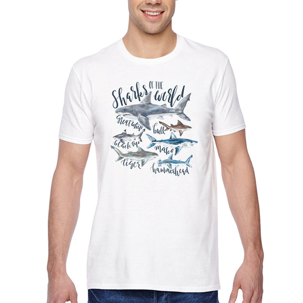 XtraFly Apparel Men&#39;s Tee Sharks Of The World Great White Black Tip Bull Mako Tiger Hammerhead Fish Fishing Beach Ocean Sea Crewneck T-shirt