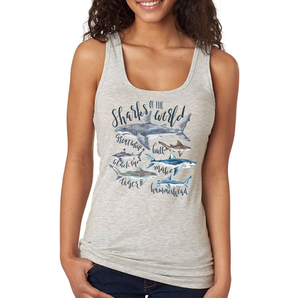 XtraFly Apparel Women&#39;s Sharks Of The World Great White Black Tip Bull Mako Tiger Hammerhead Fish Fishing Diving Beach Ocean Sea Racerback