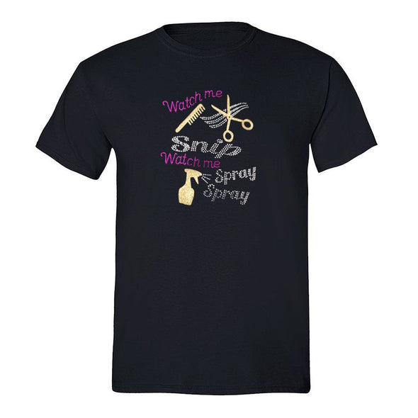 XtraFly Apparel Men&#39;s Tee Watch Me Snip Gold Sequin Rhinestone Hair Stylist Beautician Beauty Parlor Salon Essential Worker Crewneck T-shirt