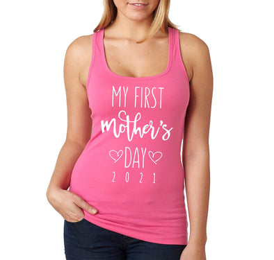 XtraFly Apparel Women&#39;s My First Mother&#39;s Day 2021 Motherhood Proud Momma Madre Mommy Grandma Grandmother Nana Mama Granny Racerback