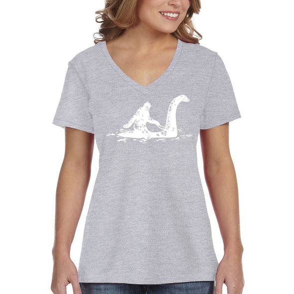 XtraFly Apparel Women&#39;s Loch Ness Monster Bigfoot Sasquatch Yeti Mythical Creature Legend Legendary Nessie Dinosaur Lockness V-neck T-shirt