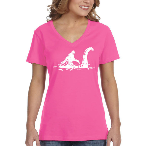XtraFly Apparel Women&#39;s Loch Ness Monster Bigfoot Sasquatch Yeti Mythical Creature Legend Legendary Nessie Dinosaur Lockness V-neck T-shirt