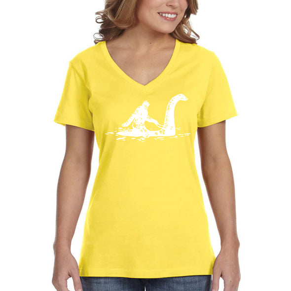 XtraFly Apparel Women&#39;s Loch Ness Monster Bigfoot Sasquatch Yeti Mythical Creature Legend Legendary Nessie Dinosaur Lockness V-neck T-shirt